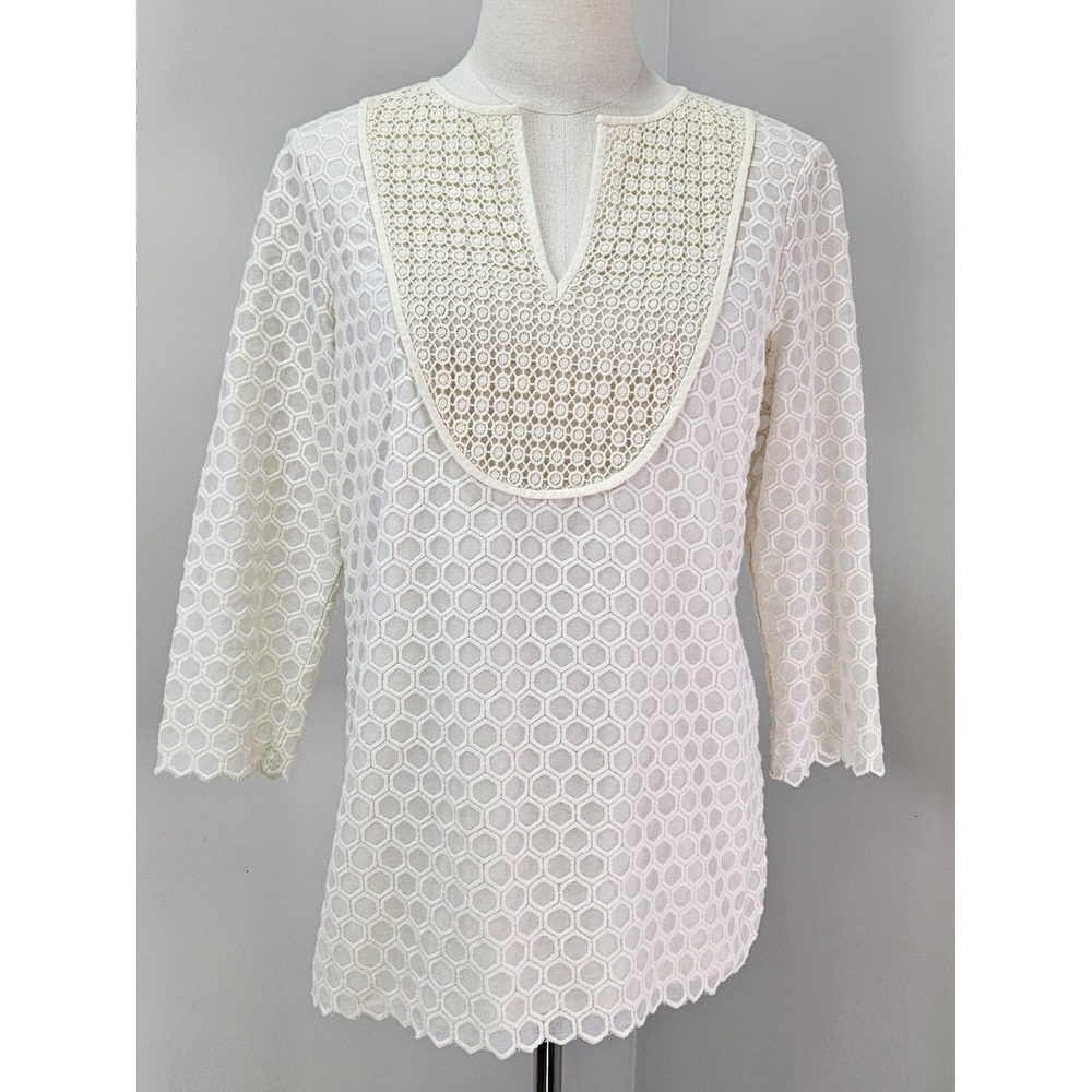Tory Burch Ivory Honeycomb Eyelet Crochet Lace Split Neck Tunic Top Small